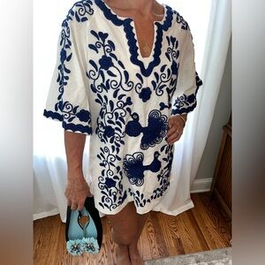 Frances Valentine Peacock Tunic in White with Navy Embroidery